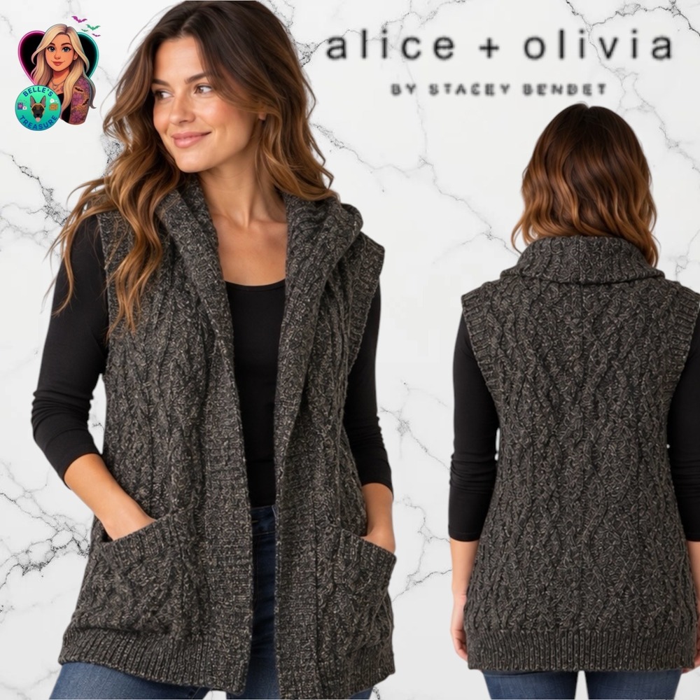 Alice + Olivia Hunter Green Cable Knit Vest Wool Alpaca Blend Oversized XS